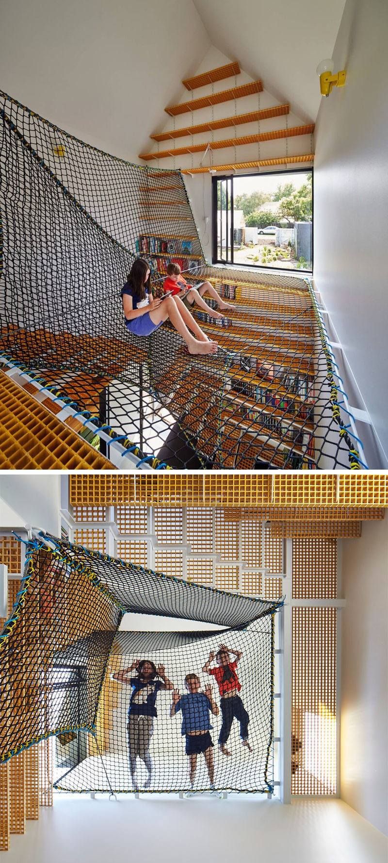 This book room features a large system of suspended nets that create the perfect spot to curl up with a book, a game, or spy on the people down below.