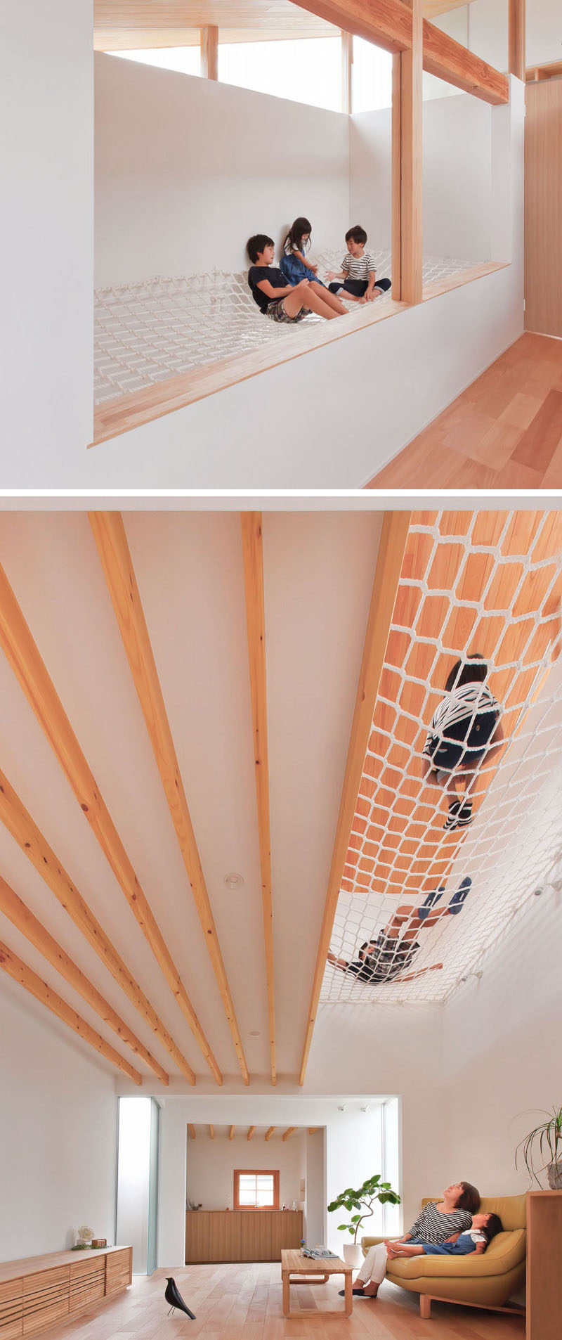 The net above the living room of this family home creates a fun play spot and keeps the living room bright by allowing more natural light in from the windows upstairs.