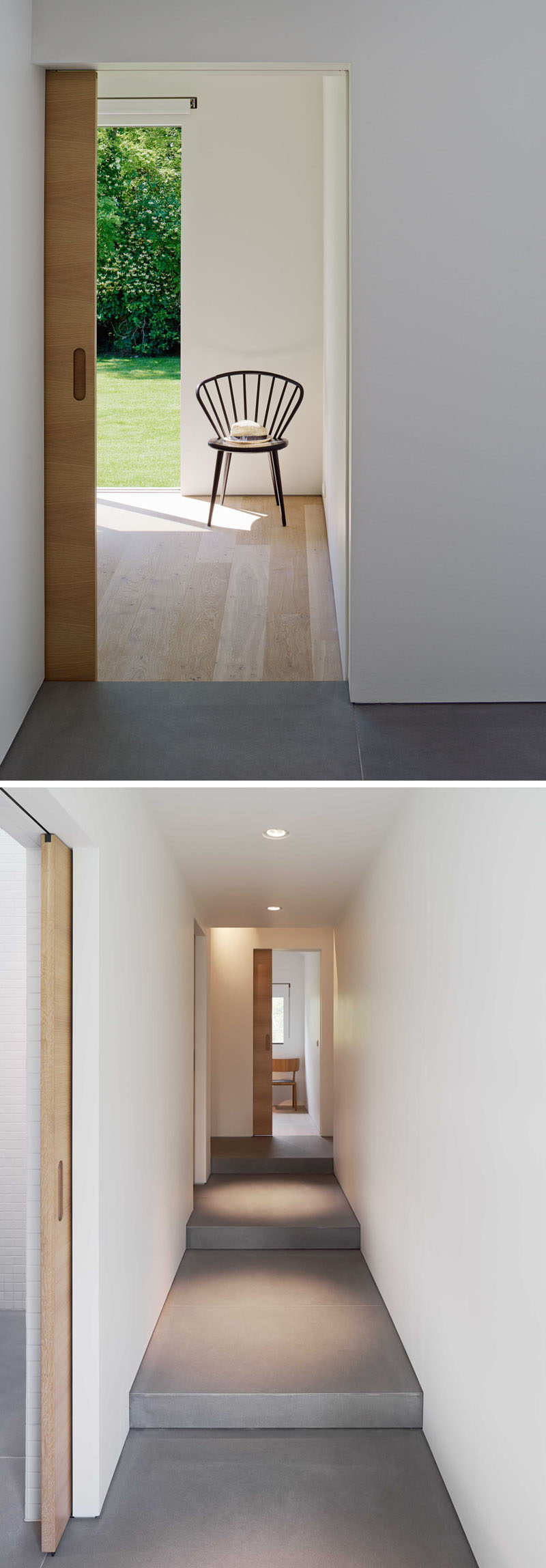 Throughout this modern house, wood pocket doors slide into the white walls, making the interior more streamlined.