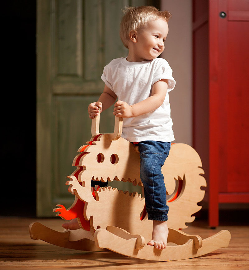 Designer Constantin Bolimond has replaced traditional rocking horses with a line of modern kids furniture that includes rocking monsters made from wood, in an attempt to help children over come their fears by making them a fun toy they can ride.