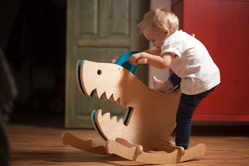 Designer Constantin Bolimond has replaced traditional rocking horses with a line of modern kids furniture that includes rocking monsters made from wood, in an attempt to help children over come their fears by making them a fun toy they can ride.