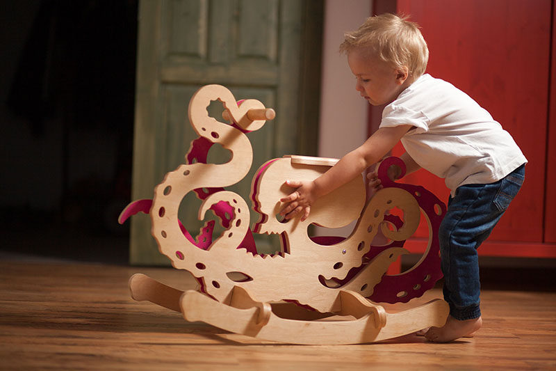 Designer Constantin Bolimond has replaced traditional rocking horses with a line of modern kids furniture that includes rocking monsters made from wood, in an attempt to help children over come their fears by making them a fun toy they can ride.