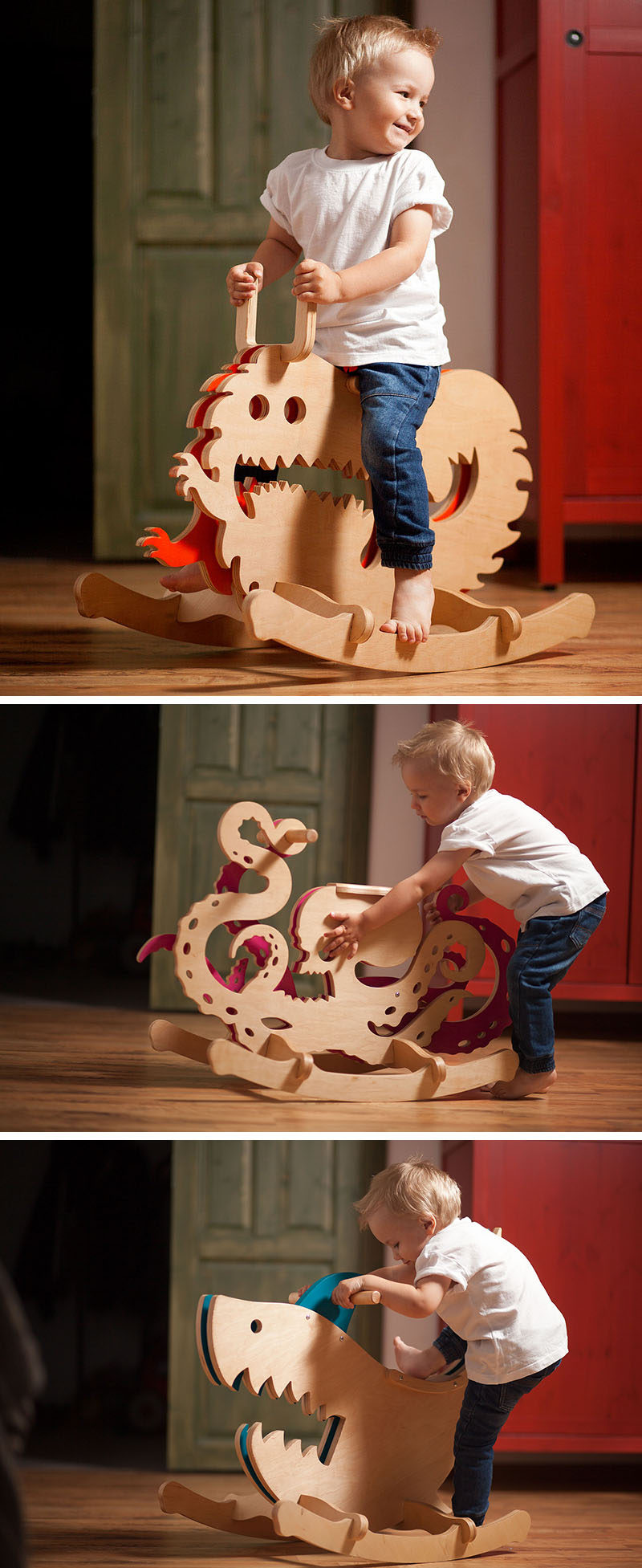 Designer Constantin Bolimond has replaced traditional rocking horses with a line of modern kids furniture that includes rocking monsters made from wood, in an attempt to help children over come their fears by making them a fun toy they can ride.