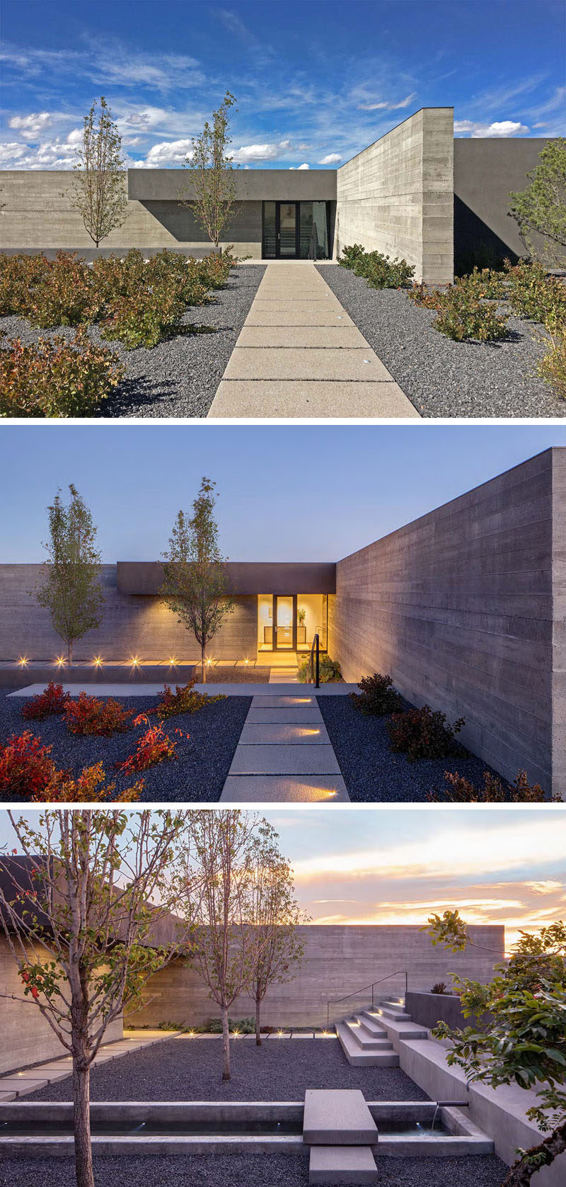 This modern landscaping includes a path that's lit up at night, and a recessed courtyard with a simple water feature.