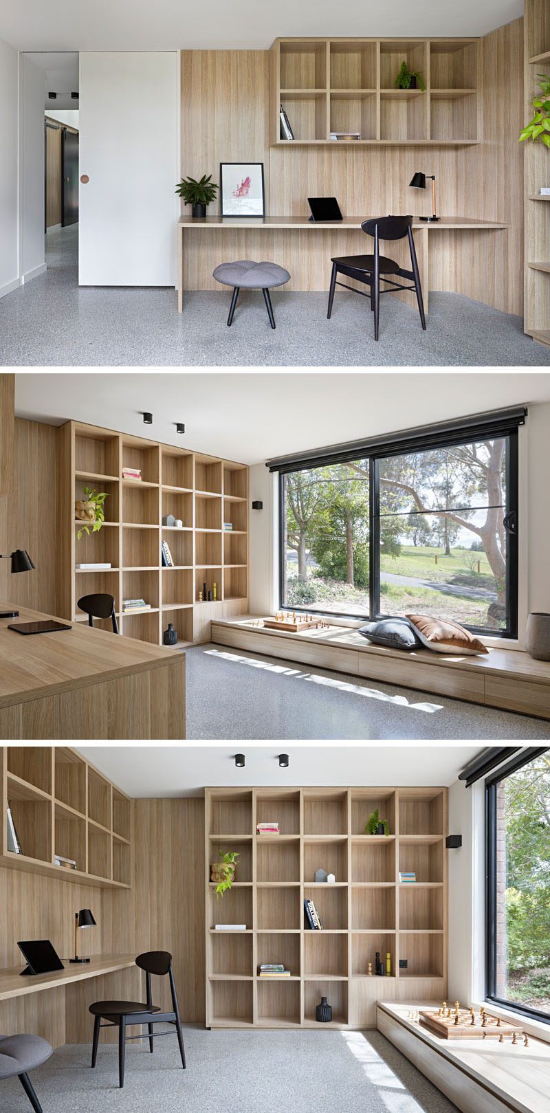 In this modern library or home office, a sliding white door lets the room be closed off when needed, while a built-in desk and plenty of shelves allows for working or quiet reading. A large sliding glass window can be opened and enjoyed from the built-in wood window bench.