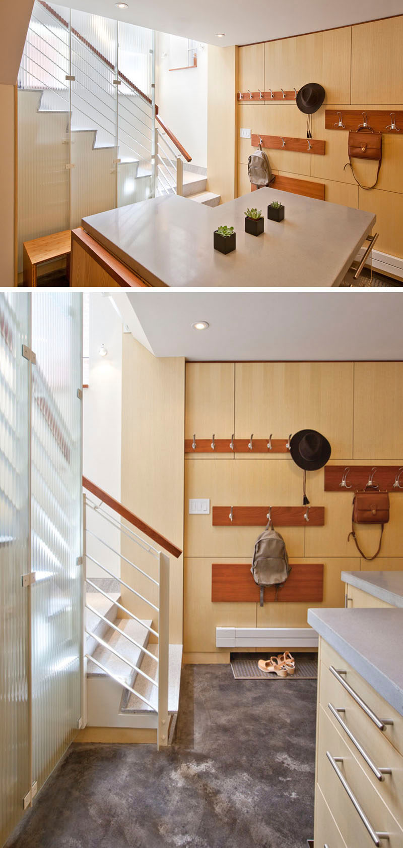 This modern mudroom filled with light wood, has plenty of wall hooks for bags, hats and scarves, and a drying mat positioned near the heater helps dry wet shoes. A central island creates a storage space in the form of drawers, and a wood stool gives you a place to put your shoes on.