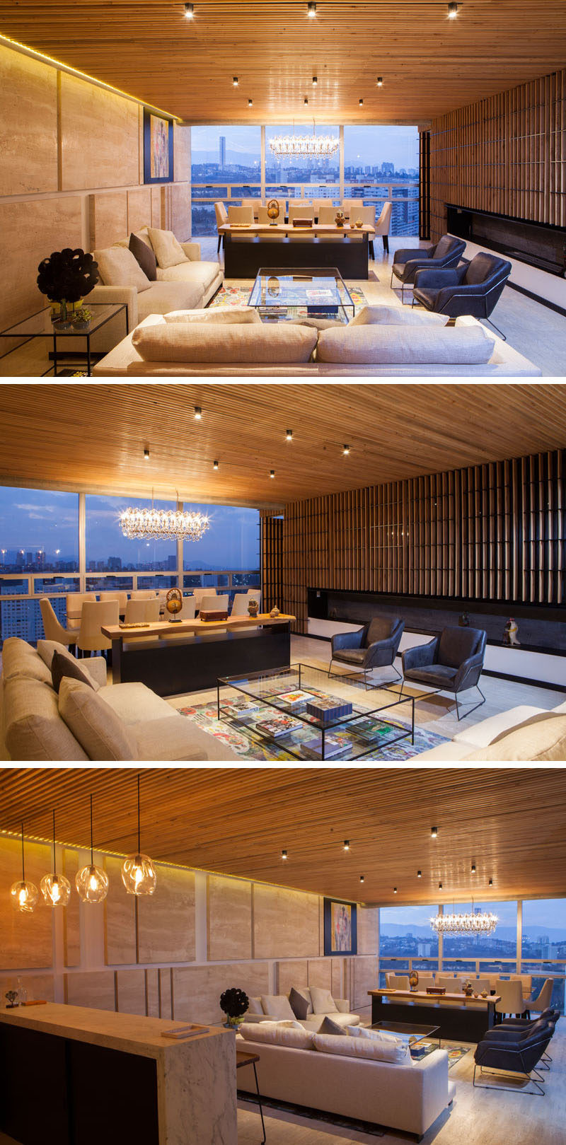 An Elegant Apartment With A Wood Slat Ceiling