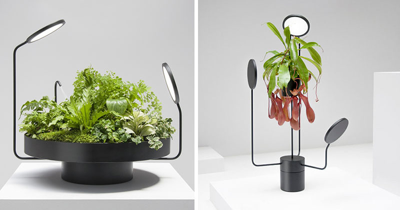 Design studio Goula / Figuera, have created a collection of matte black planters called Viride (the Latin word for green), that include artificial lights (and one with a mister) as part of their design.