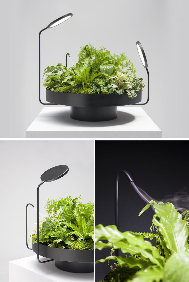 Design studio Goula / Figuera, have created a collection of matte black planters called Viride (the Latin word for green), that include artificial lights (and one with a mister) as part of their design.