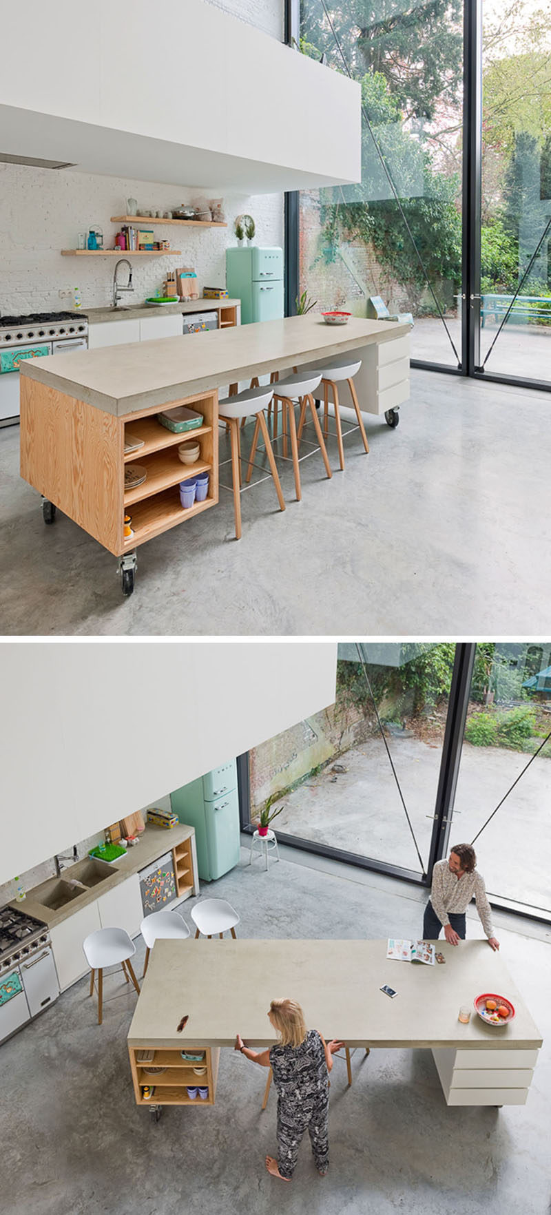 Concrete, wood and white drawers make up this movable kitchen island design, keeping it consistent with the modern eclectic look of the rest of the kitchen.