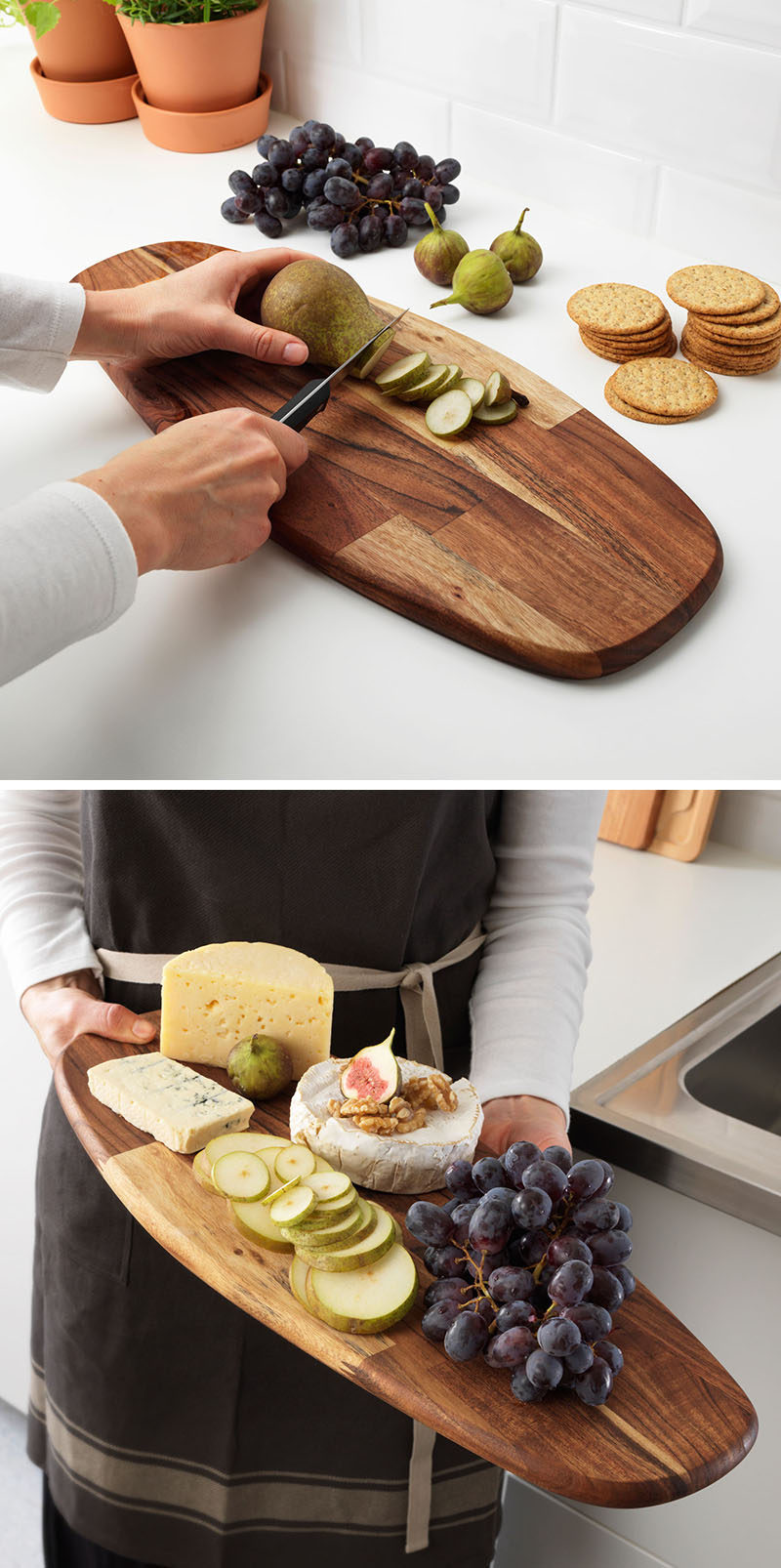 This long wood tray can be used as a cutting board, a serving tray or a decorative tray down the center of a table or styled on a coffee table.