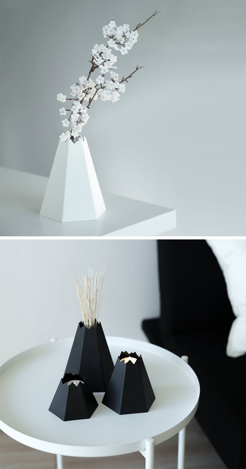 These modern home decor items named Volcano, can be used in two ways - in one way as a candle holder and in another as a simple piece of decor to place on your coffee table, shelves, or nightstand.