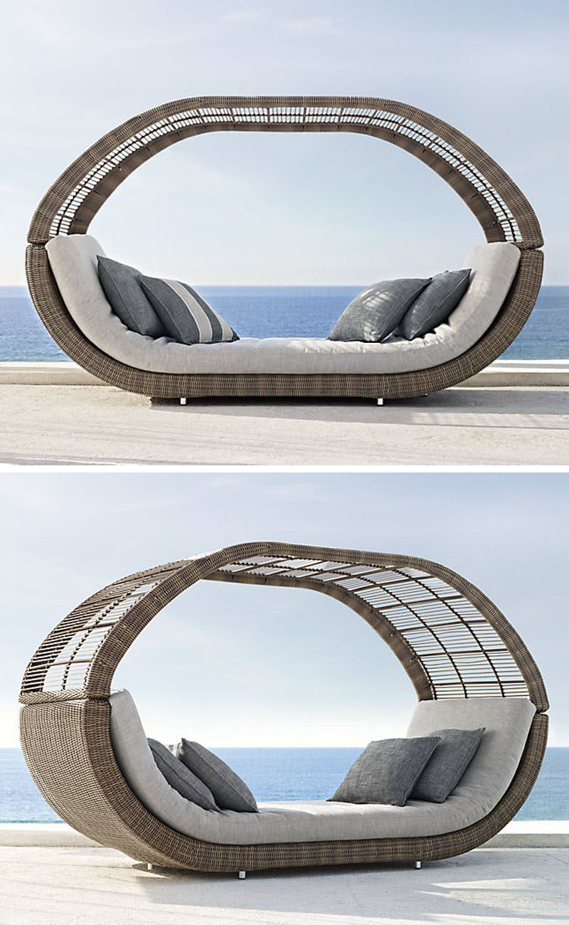 This somewhat covered daybed can have the top removed to allow more sun exposure on especially hot days or left in place to provide a bit of shade.