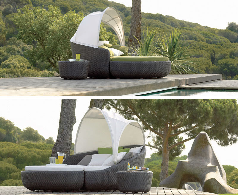 Two pieces make up this outdoor bed - a couch piece with a sun shade and a large ottoman, making it easy to move or split up to create more seats.