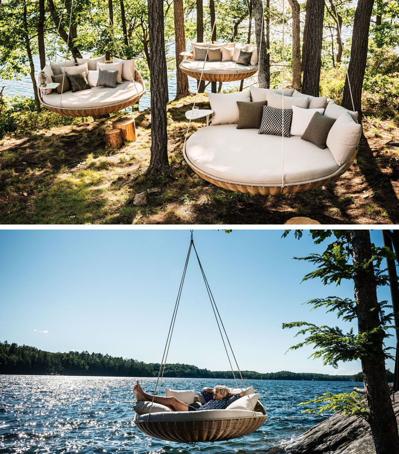 This circular outdoor bed hangs from trees or hooks to create a nest-like spot perfect for an afternoon snooze.