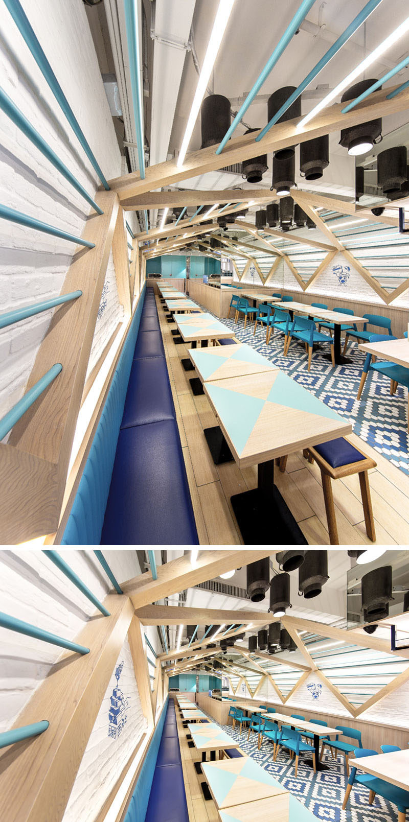 Blue banquette seating runs the length of one side of this modern restaurant, while tables and chairs have been arranged on the opposite wall, creating a cleanly organized and geometrical interior arrangement.