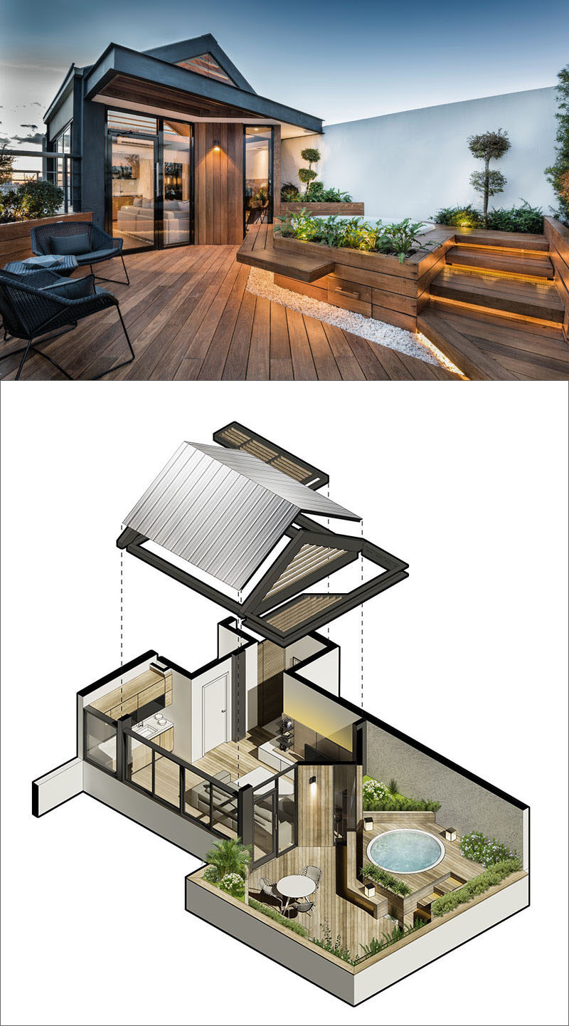 This modern wood rooftop deck features hidden lighting, built-in bench seating, and a spa that’s surrounded by plants to provide some privacy.