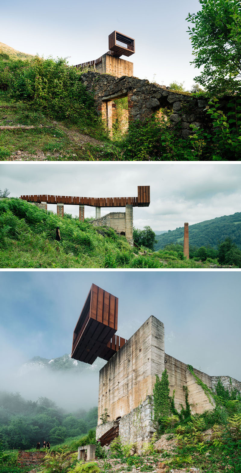 This striking walkway and lookout at an old mining site near Riosa, Spain, is made from concrete, rusty steel and recycled wood, and acts as a rest stop and viewing point for visitors.