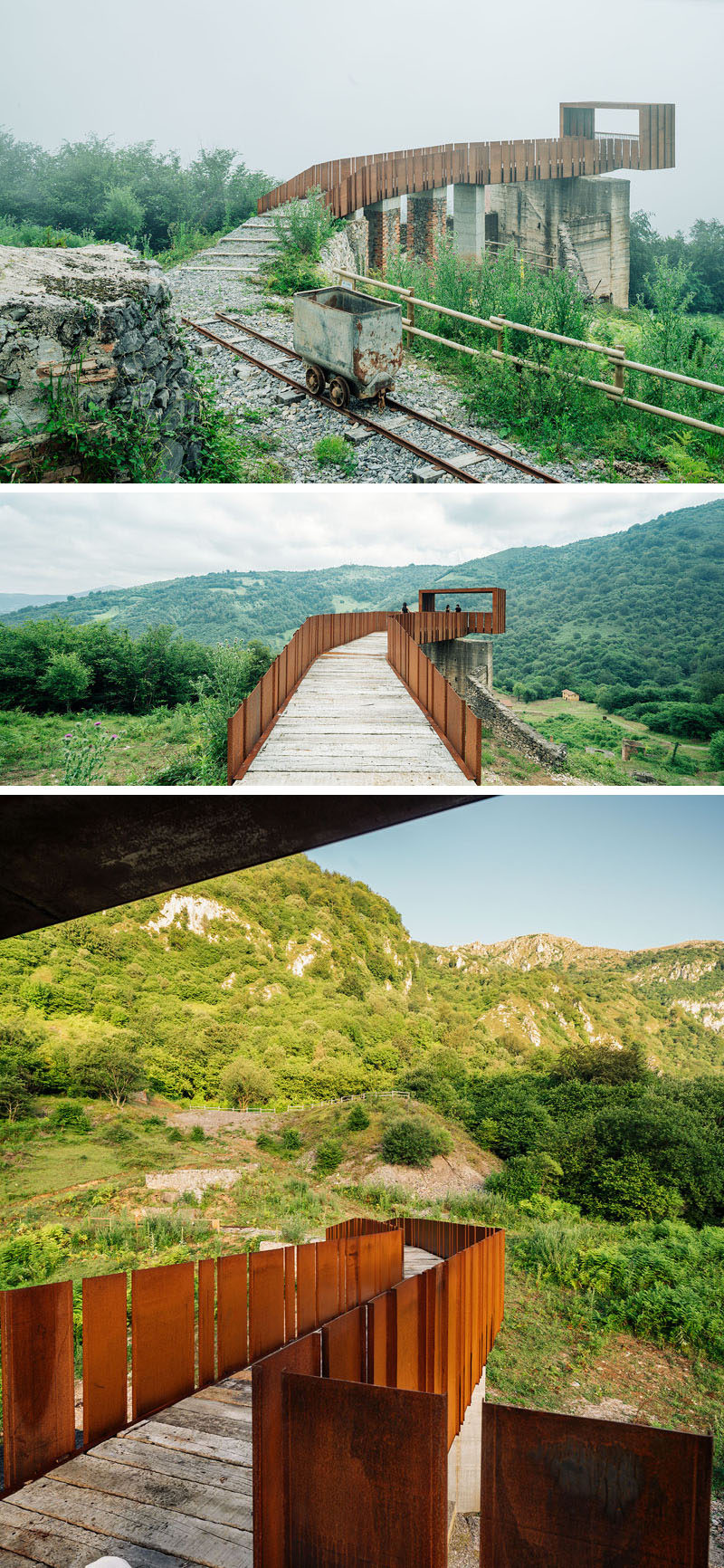 This striking walkway and lookout at an old mining site near Riosa, Spain, is made from concrete, rusty steel and recycled wood, and acts as a rest stop and viewing point for visitors.