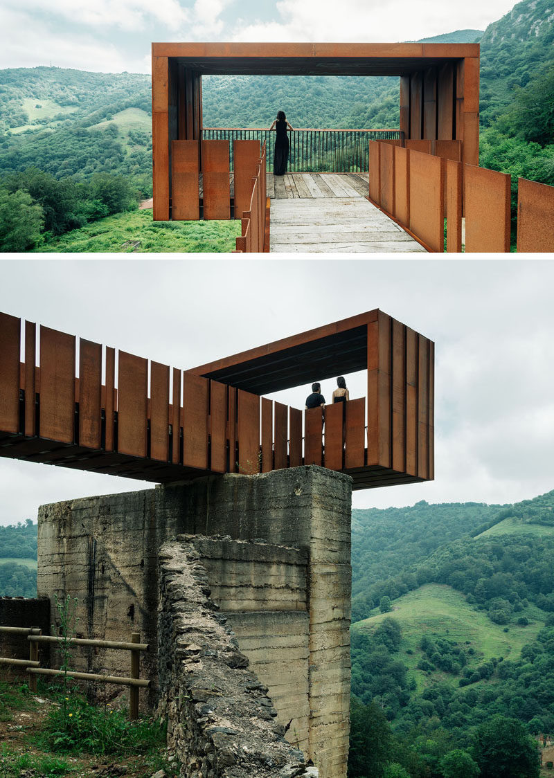 This striking walkway and lookout at an old mining site near Riosa, Spain, is made from concrete, rusty steel and recycled wood, and acts as a rest stop and viewing point for visitors.