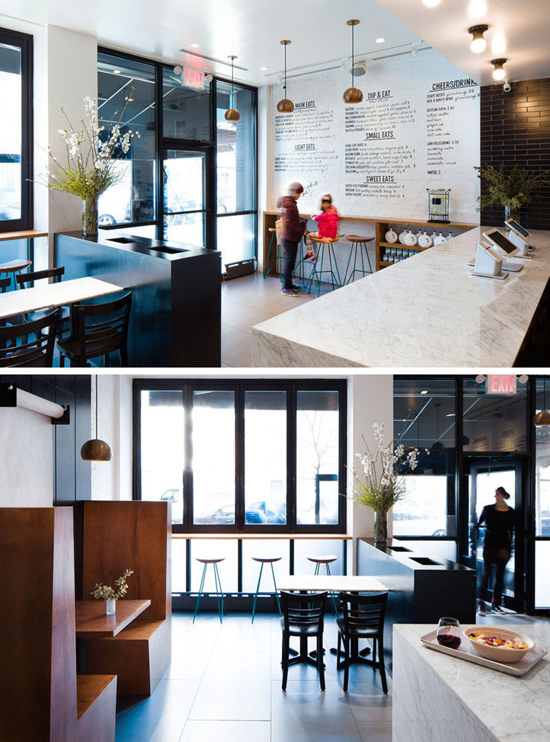 Move Matter Architecture have designed Greek Eats, a small, bright, modern Greek restaurant in the upper east side of Manhattan, New York. Large windows fill the restaurant with natural light and a simple black and white color palette with a few wood details gives the small restaurant a bright, modern, minimalist feel.