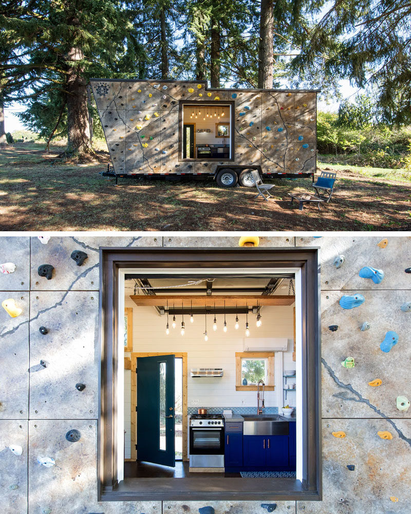 The exterior of this tiny home has been covered in rock climbing holds to create a two-in-one mobile home and rock climbing gym. #RockClimbingWall #InteriorRockClimbingWalls #TinyHouse