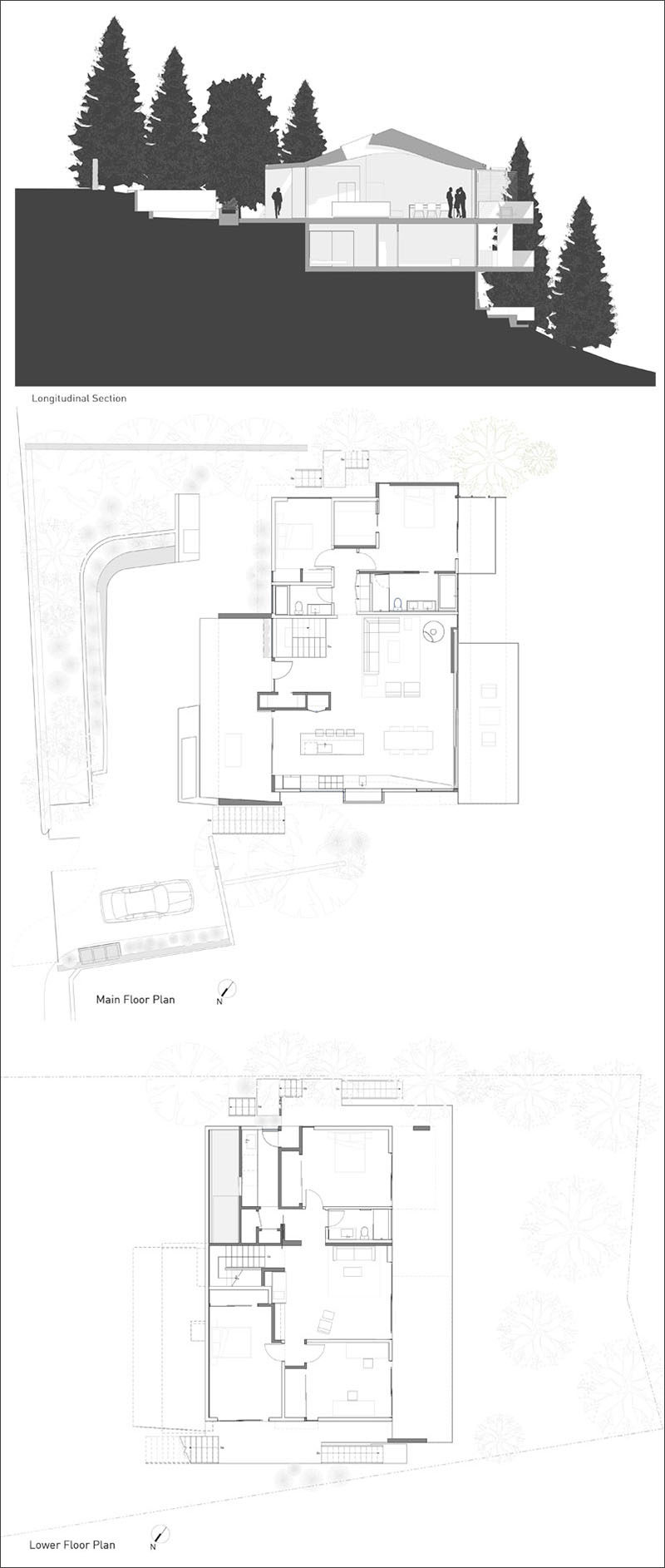 This is the cross section and floor plans of a modern two-level family house that sits on a hill in California.