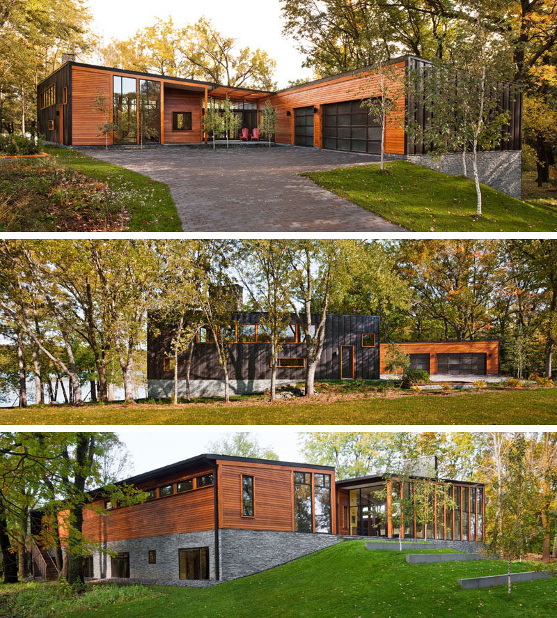 This modern house covered in wood, metal and stone, has floor-to-ceiling windows that follow the line of the roof to take advantage of the lakeside views and let in as much natural light as possible.