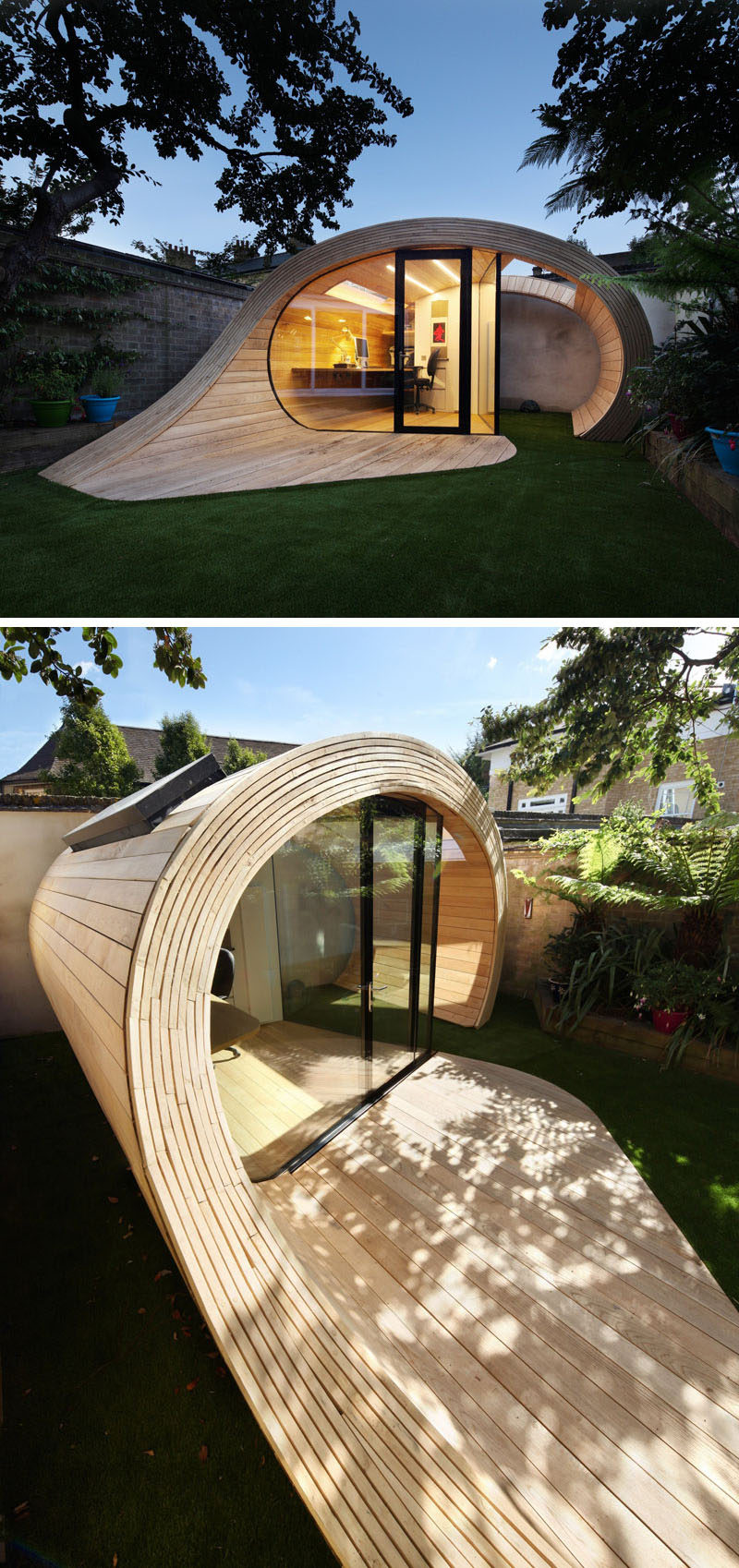 A sculptural backyard office that looks like a wood wave.