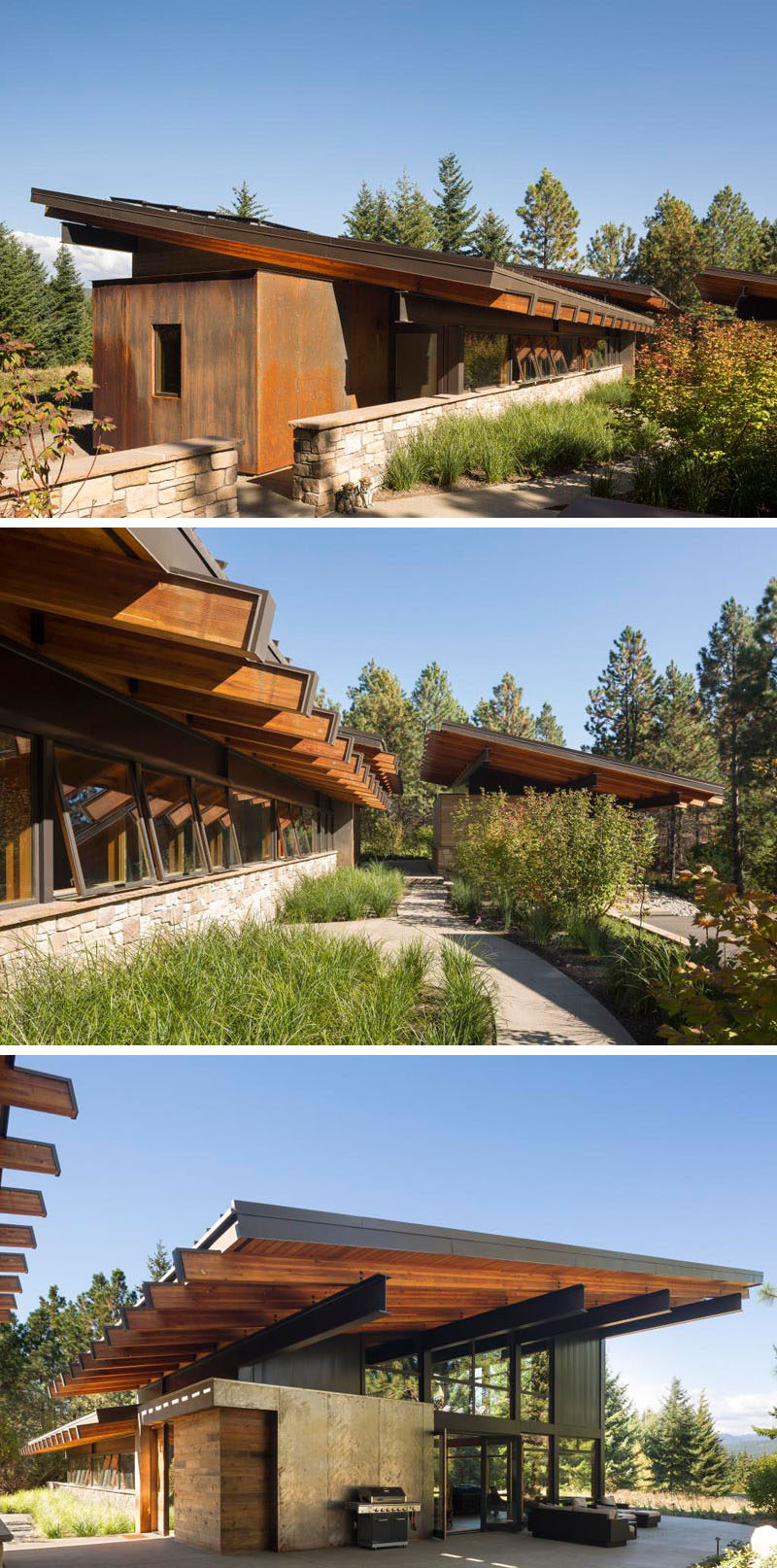 This rustic modern cabin has a landscaped path that wraps around the house and eventually leads you to covered, outdoor entertaining area.