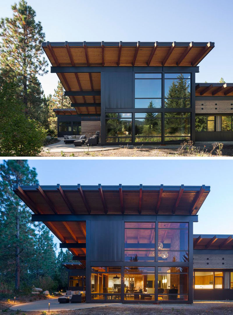 This modern cabin has a sloped roof, a design detail that was included to allow for the use of solar panels that provide all of the energy that the cabin needs. 