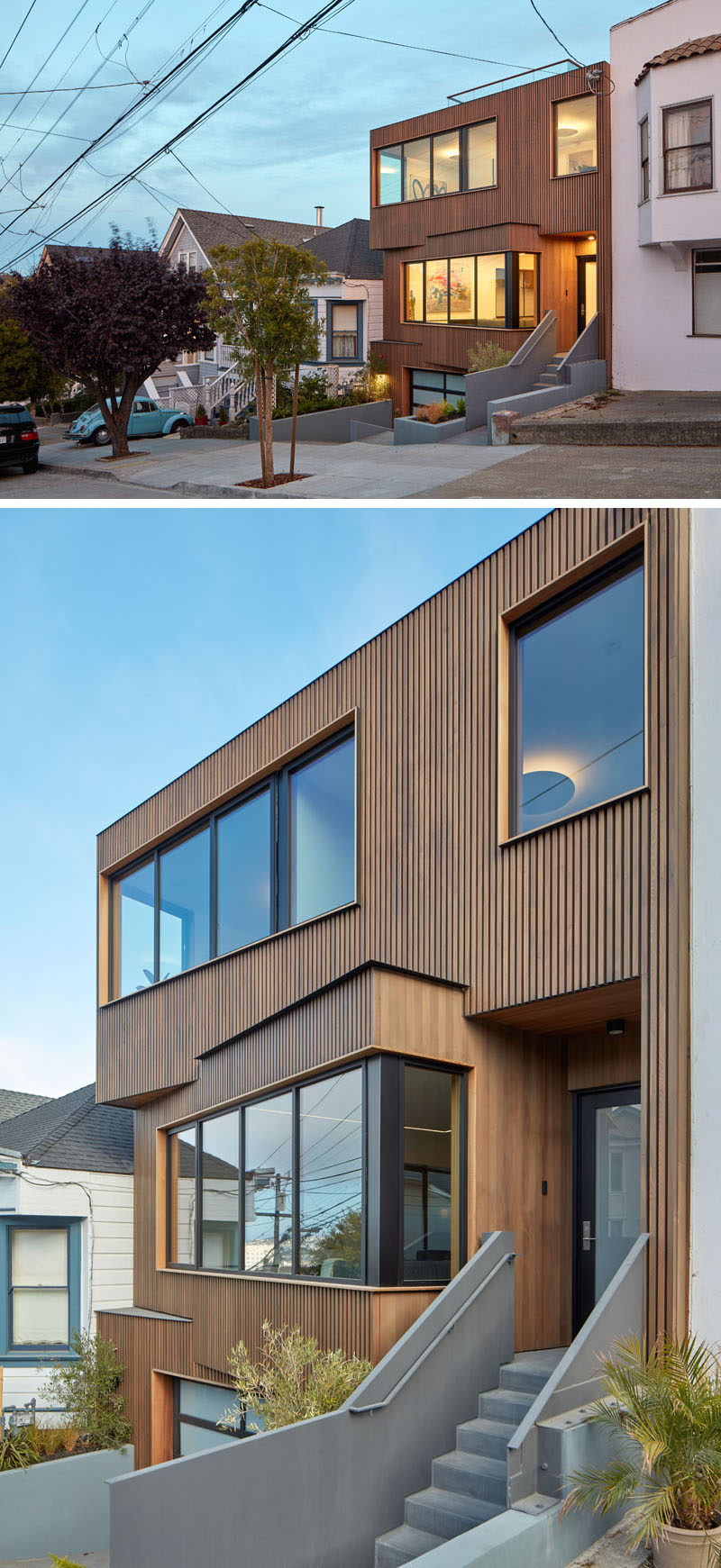 This wood covered modern house has a subtle angled facade that fits in with the setbacks of the houses next door, and features stained clear cedar vertical boards that alternate with blackened spacer boards, while aluminum windows have clear cedar casings. The planters and walls have been made from cast-in-place concrete.