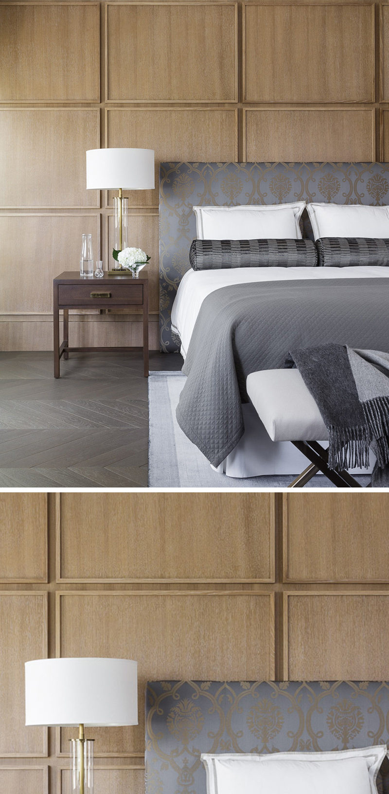 This ibedroomi uses square wood panels to create a imoderni This ibedroomi uses square wood panels to create a imoderni