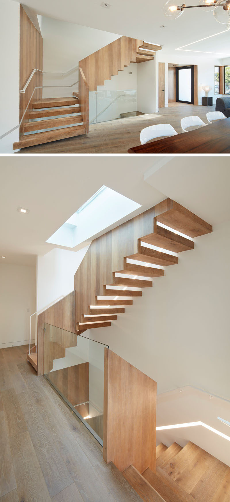 These modern wood stairs are positioned underneath a skylight so that the light filters down the stairwell, bringing in natural light to the space. At night, a built-in light runs the length of the stairs.