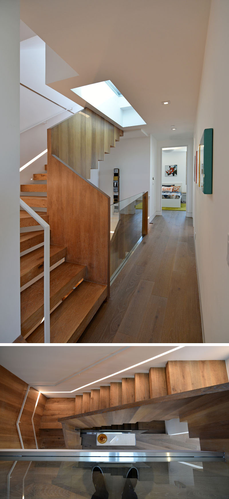 These modern wood stairs with a skylight have a small light built into the wall that runs the length of the stairs to provide light when it's dark outside.