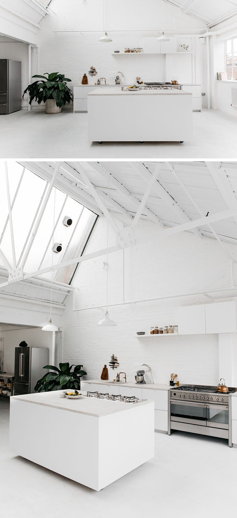 The sides of this movable modern kitchen island come down quite far to partially conceal the wheels on the bottom and creates more continuity in the bright white kitchen.