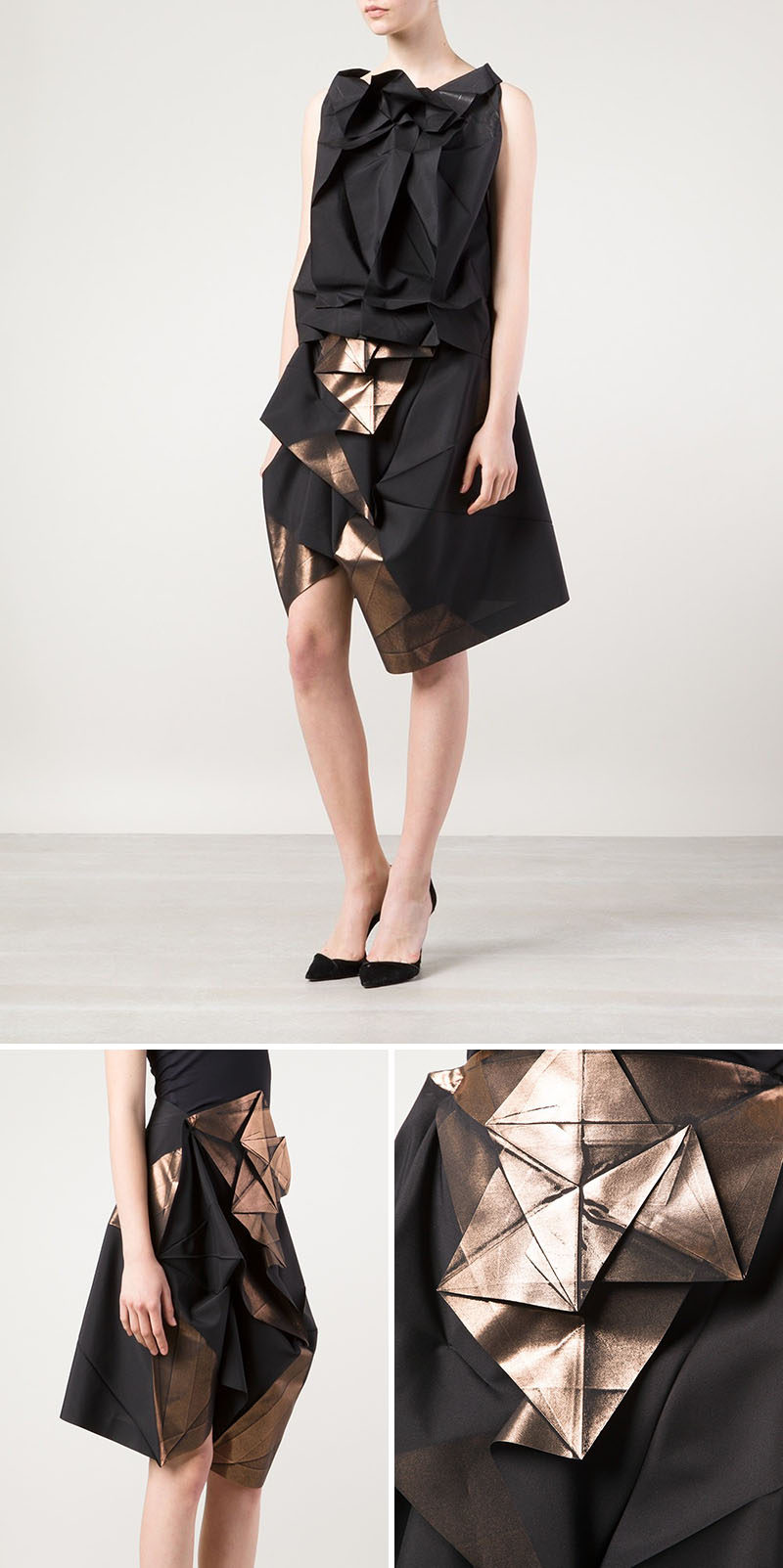 The fabric of this skirt has been folded and pressed to create distinct lines that are accentuated by the metallic finish on parts of the piece. #Fashion #Style #Origami #OrigamiFashion #Design