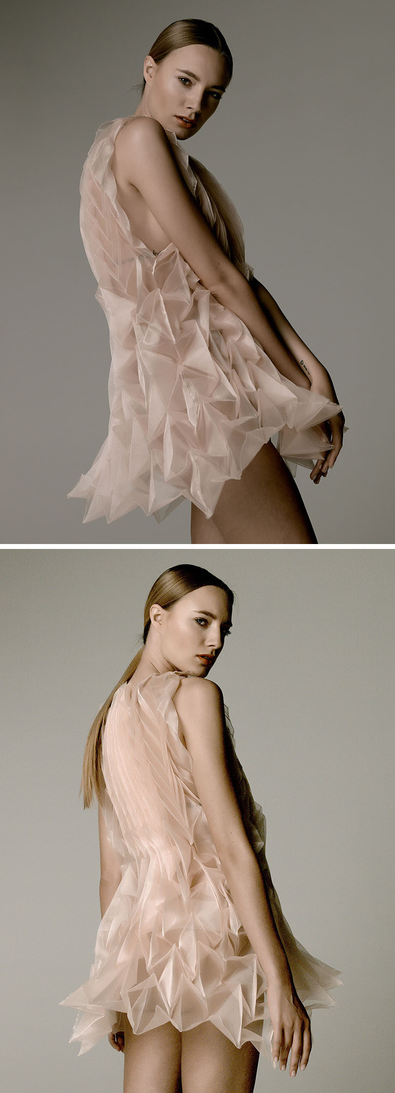 This origami-like champagne colored chiffon dress was created by steaming the fabric in a reusable paper mold. #Fashion #Style #Origami #OrigamiFashion #Design