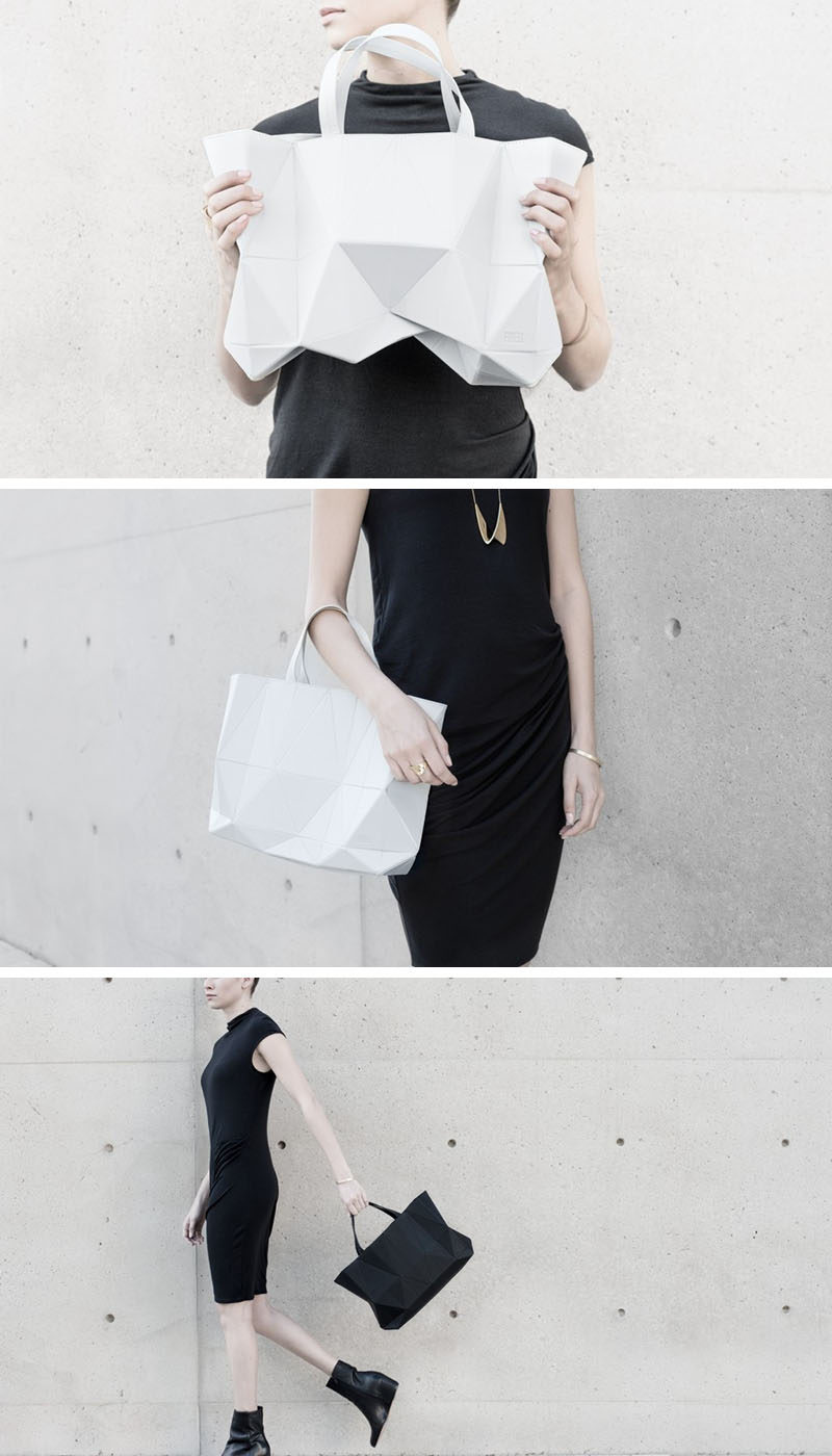 The origami-inspired form of this handbag allows it to expand and contract based on how much stuff is in the bag, making it the perfect everyday bag. #Fashion #Style #Origami #OrigamiFashion #Design