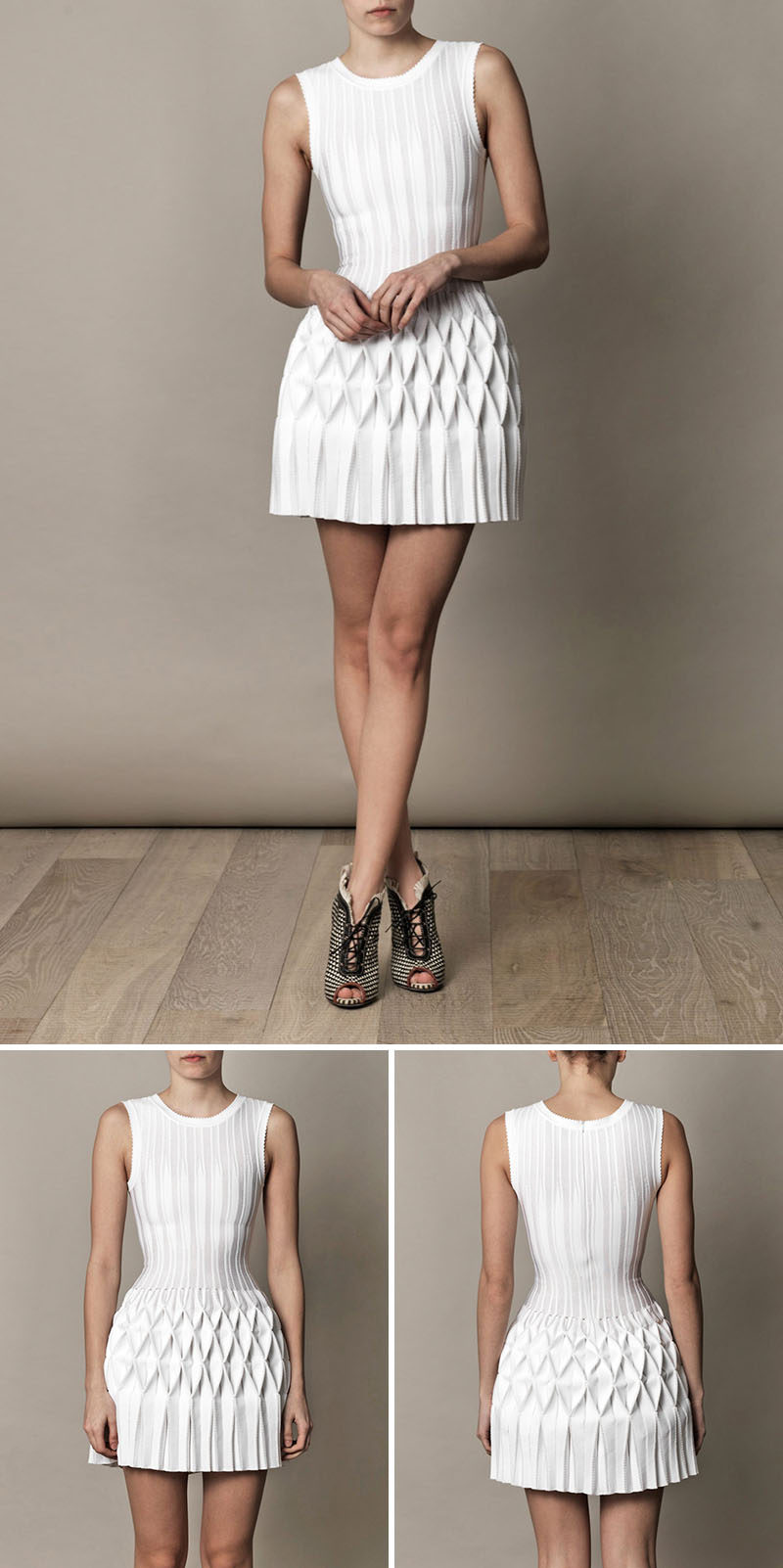 This simple white dress has detailed pleating on the skirt that gives it a look similar to something you'd create out of carefully folded paper.  #Fashion #Style #Origami #OrigamiFashion #Design