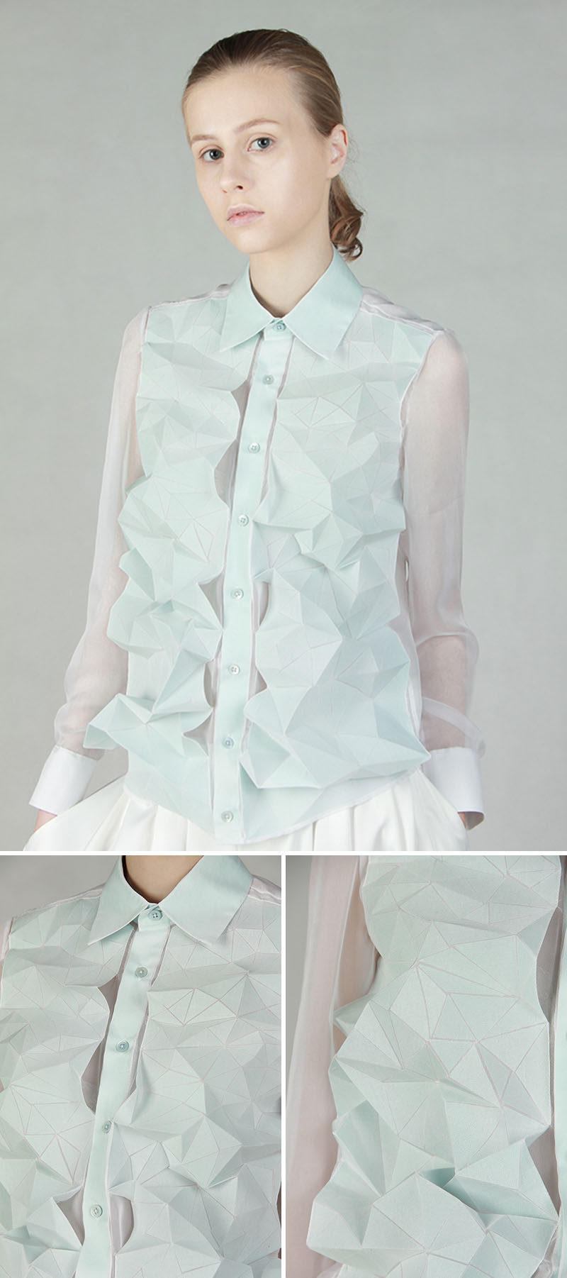 This light, pastel colored shirt made from soft material, has folds and geometric shapes on it that give it an origami look and adds structure to the soft fabric. #Fashion #Style #Origami #OrigamiFashion #Design