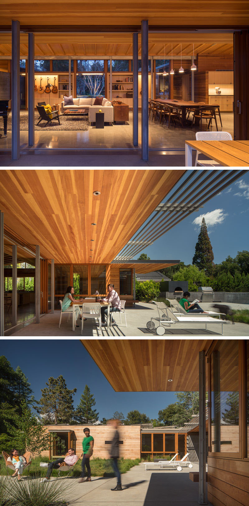 In this modern house, sliding glass doors open up the main living area to a partially covered patio that blurs the line between indoor and outdoor living. 