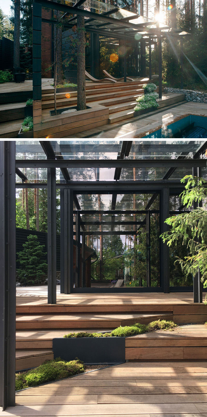 Surrounded by mature trees, this modern gym has an outdoor area with a pool, sun deck and built-in planters.