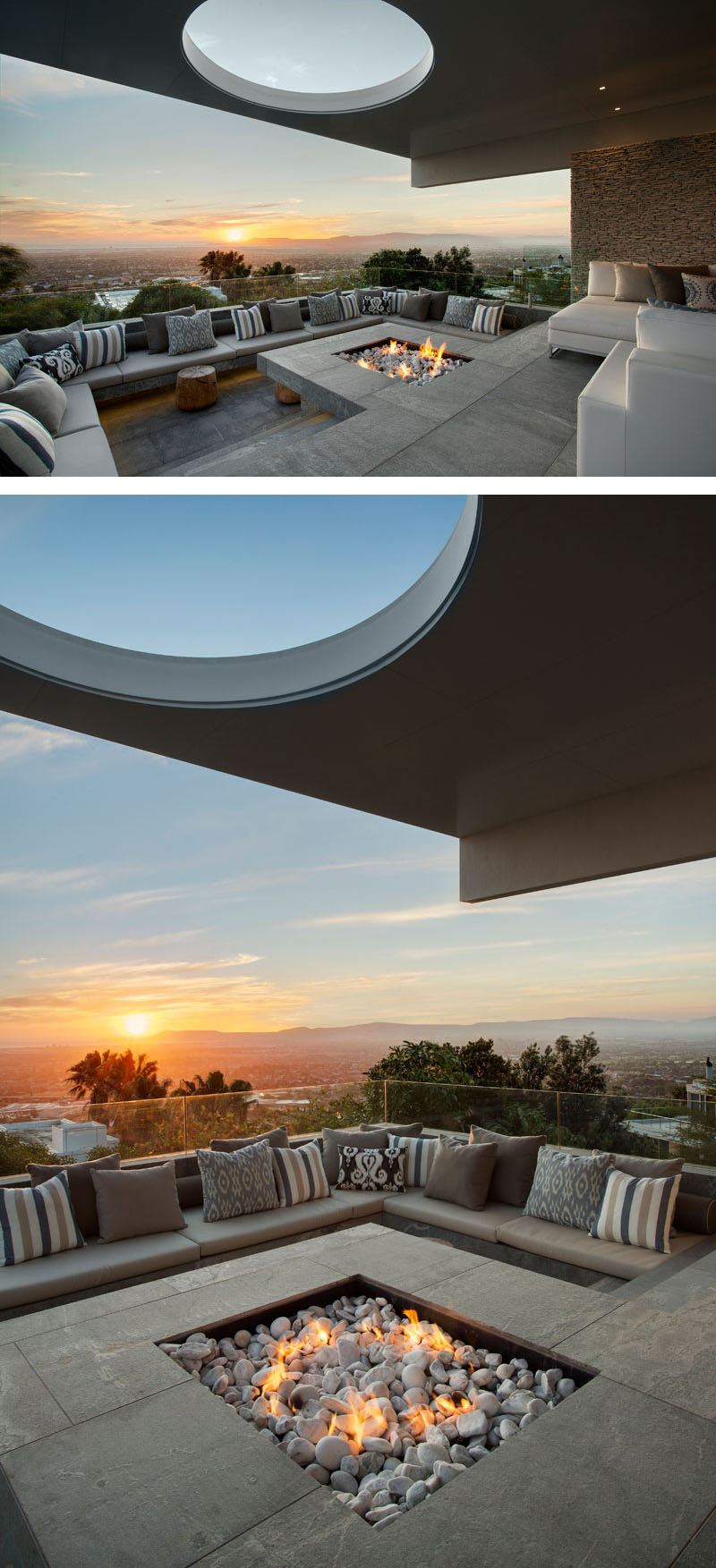 This modern house has a sunken lounge and entertainment area with outdoor furniture that wraps around a fireplace. An overhang from the upper floor of the home provides shade, while the skylight sculpts the natural light.