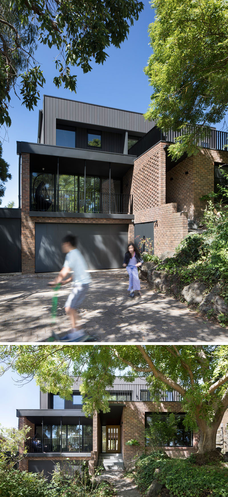 This renovated house has used bricks were salvaged during the demolition to create hit-and-miss brickwork that added privacy for the entryway and blocked off the view into the house from the street.