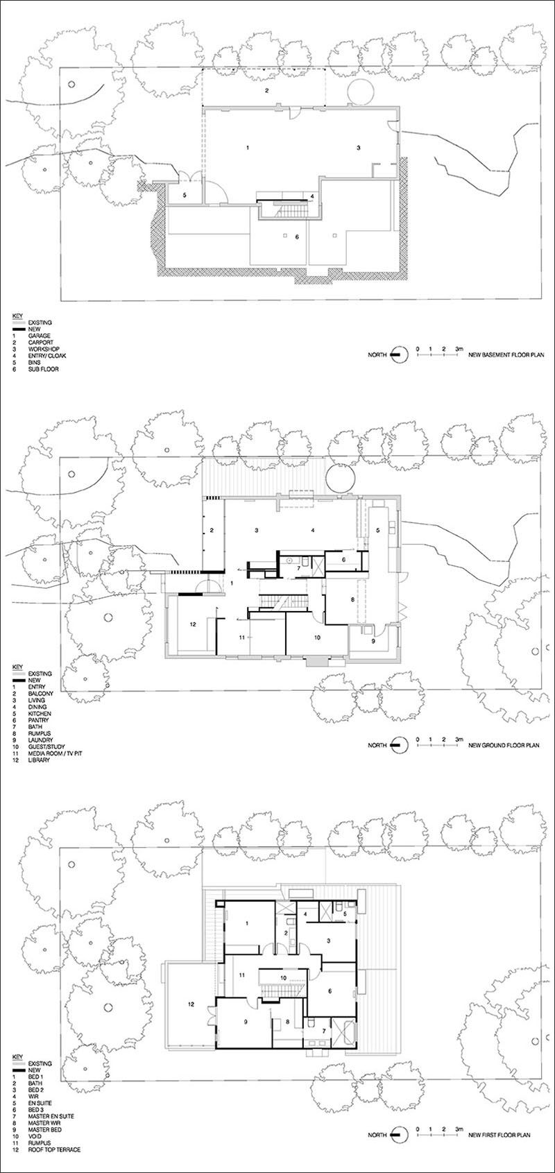 This is the floor plan of a modern renovation of a 1970's double storey brown brick house in Australia that's home to a family of 5 that have outgrown the original home.