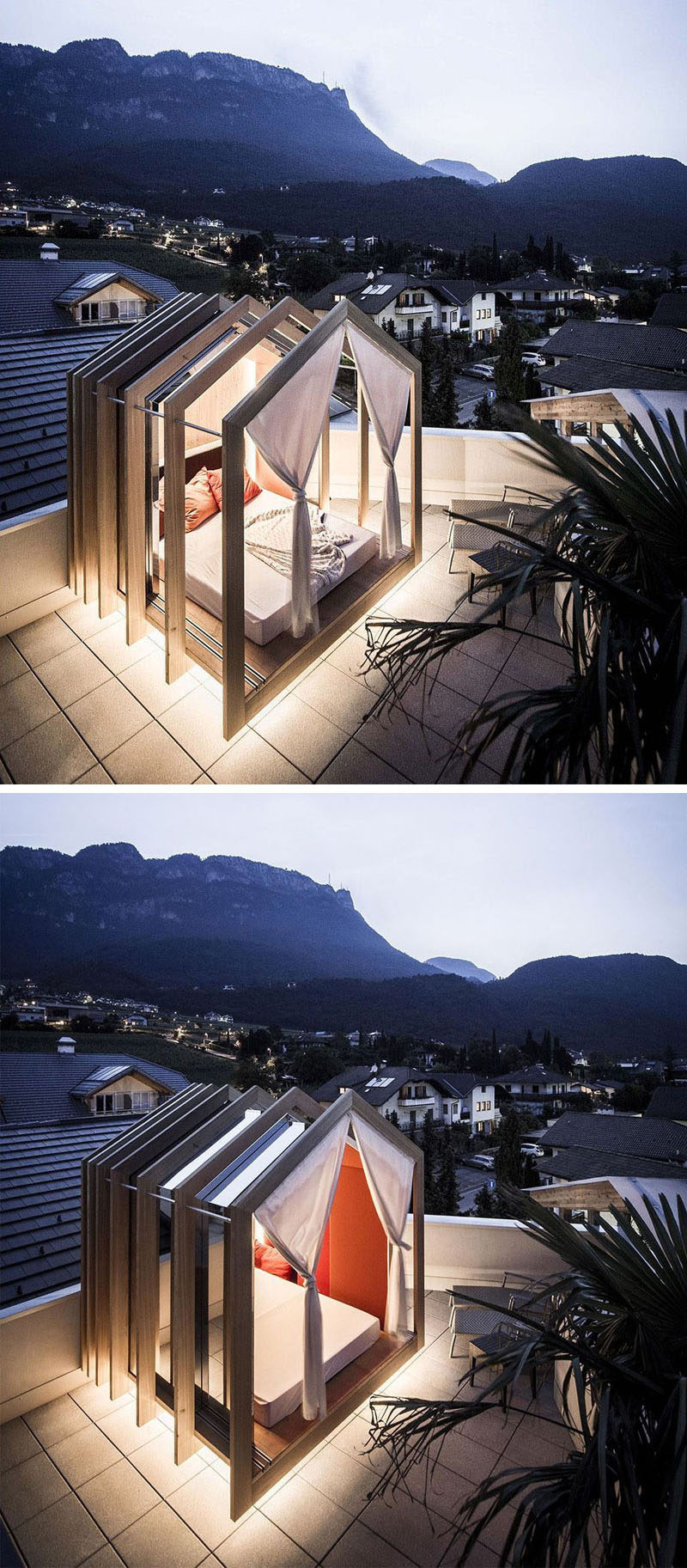 This modern outdoor rooftop bedroom with hidden lighting, has an extendable wood cabana that can be as open or closed as you want, allowing you to sleep under the stars.