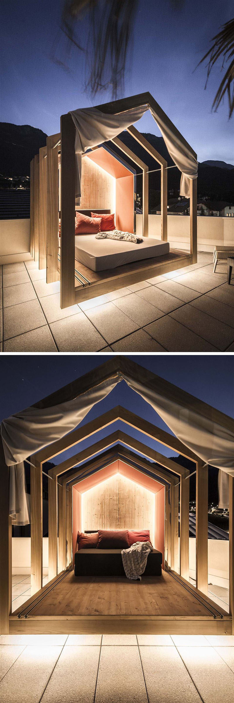 This modern outdoor rooftop bedroom with hidden lighting, has an extendable wood cabana that can be as open or closed as you want, allowing you to sleep under the stars.