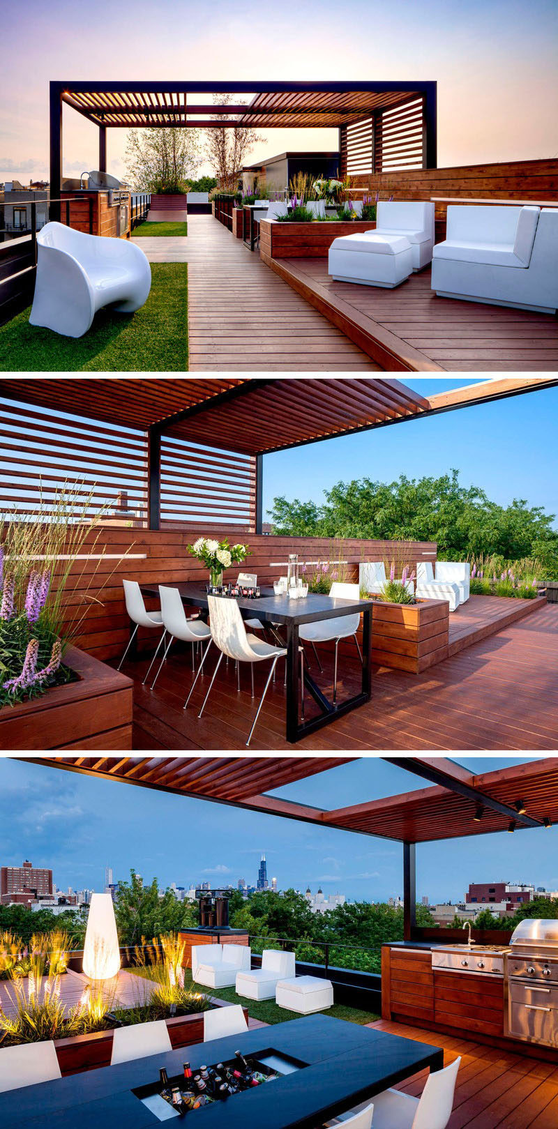 This rooftop entertaining area has all the essentials for hosting a party including ample lounge seating, an outdoor kitchen and dining table located under a pergola, and soft mood lighting.