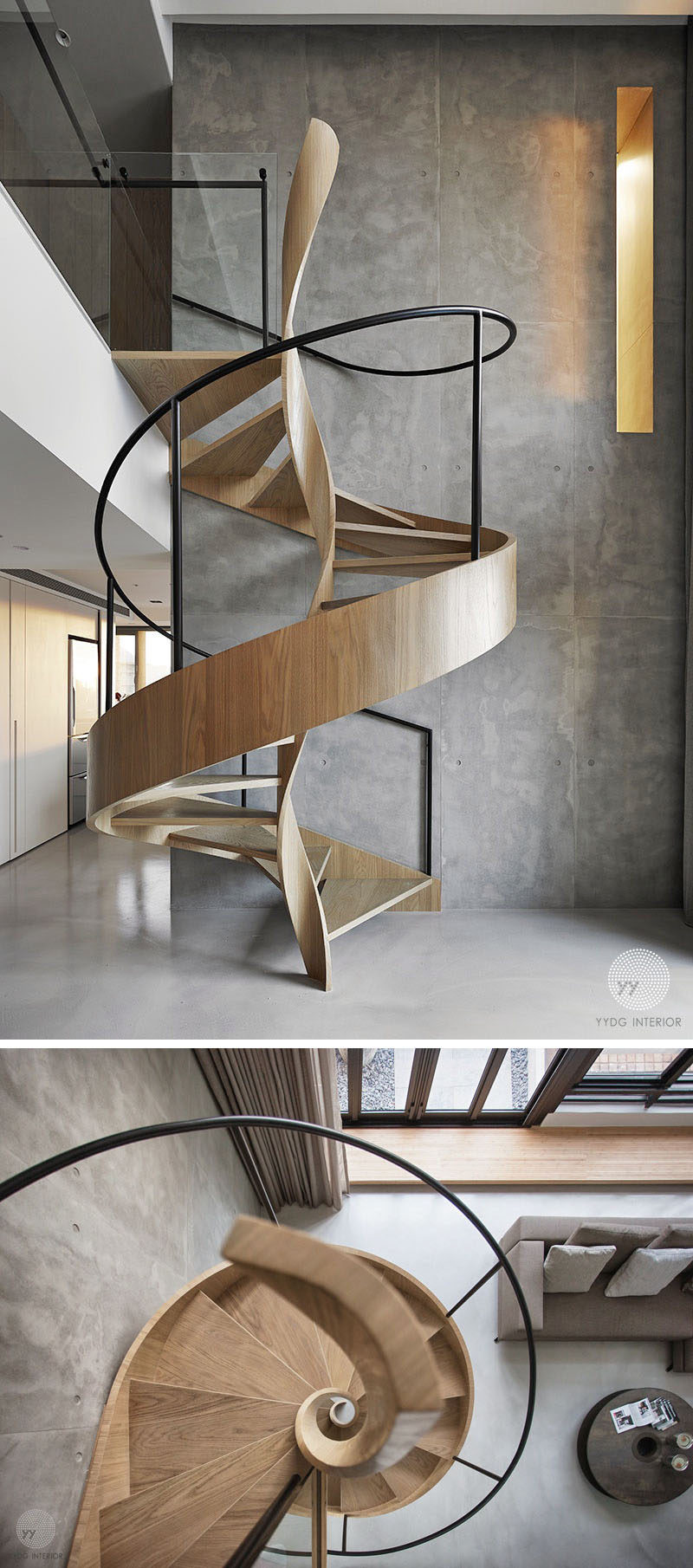 This artistic wood spiral staircase doubles as a sculptural installation that can be enjoyed and appreciated from many parts of the modern house. #SpiralStairs #SpiralStaircase #ModernSpiralStairs